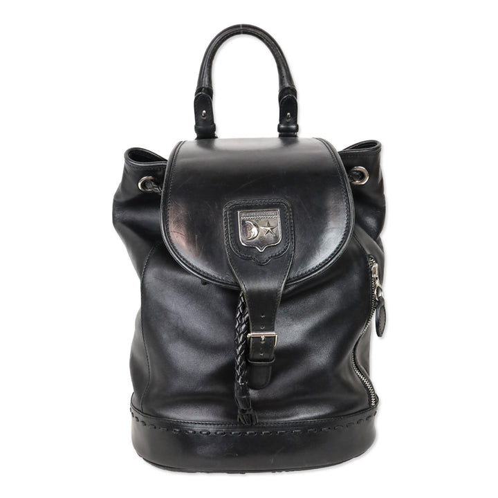 Barry Kieselstein-Cord Black Leather Biker Moon & Star Silver Hardware Drawstring Backpack