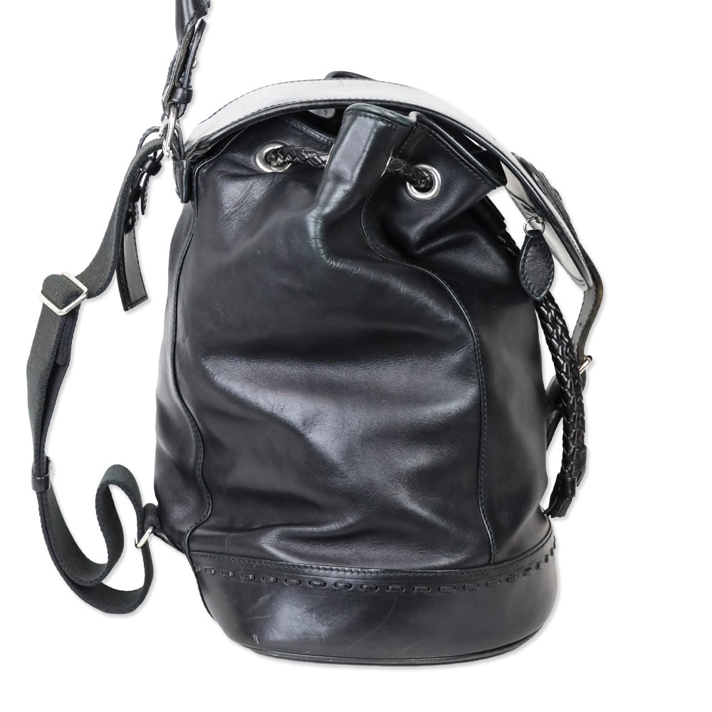 Barry Kieselstein-Cord Black Leather Biker Moon & Star Silver Hardware Drawstring Backpack