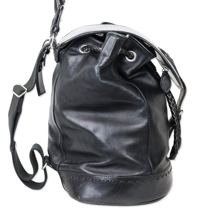 Barry Kieselstein-Cord Black Leather Biker Moon & Star Silver Hardware Drawstring Backpack