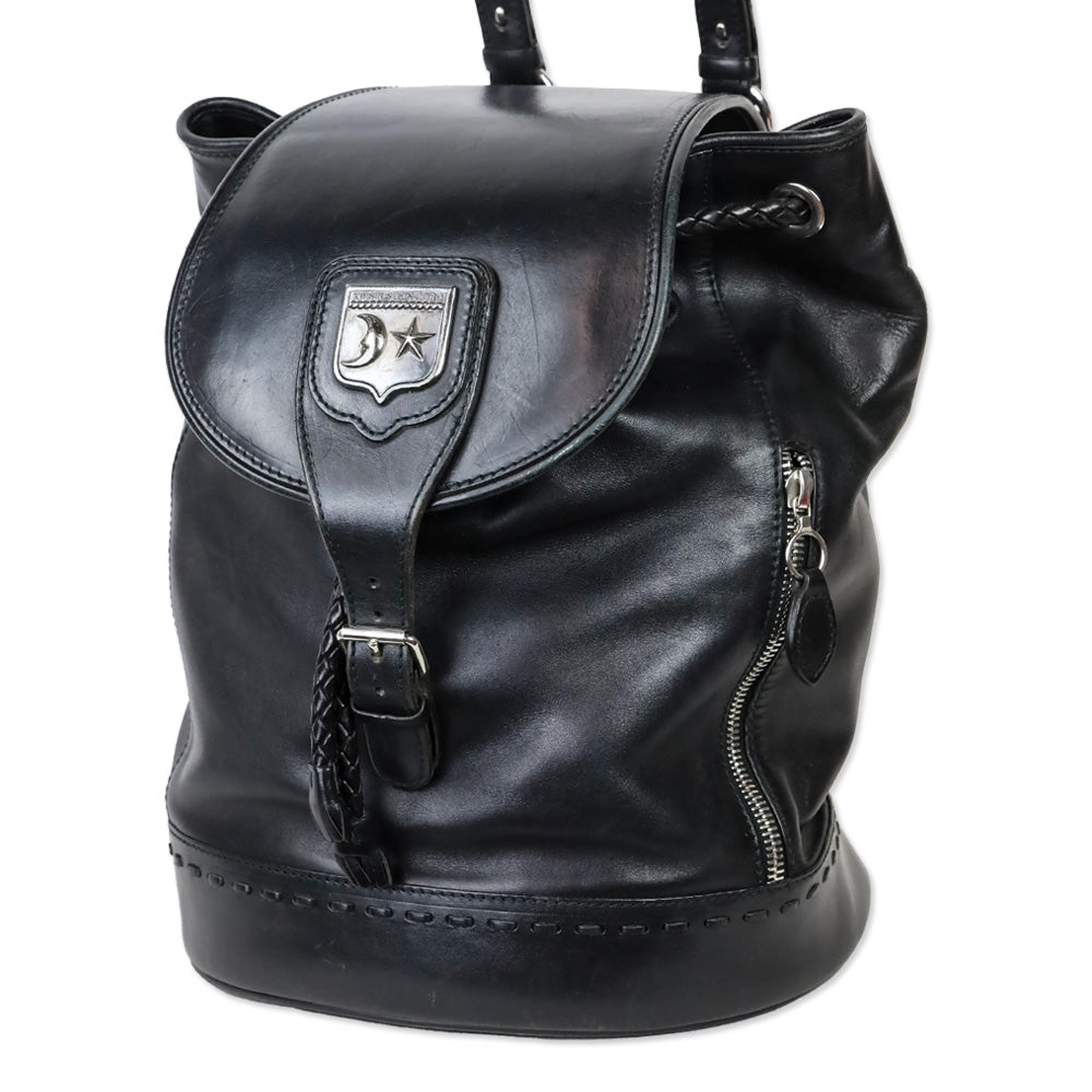 Barry Kieselstein-Cord Black Leather Biker Moon & Star Silver Hardware Drawstring Backpack