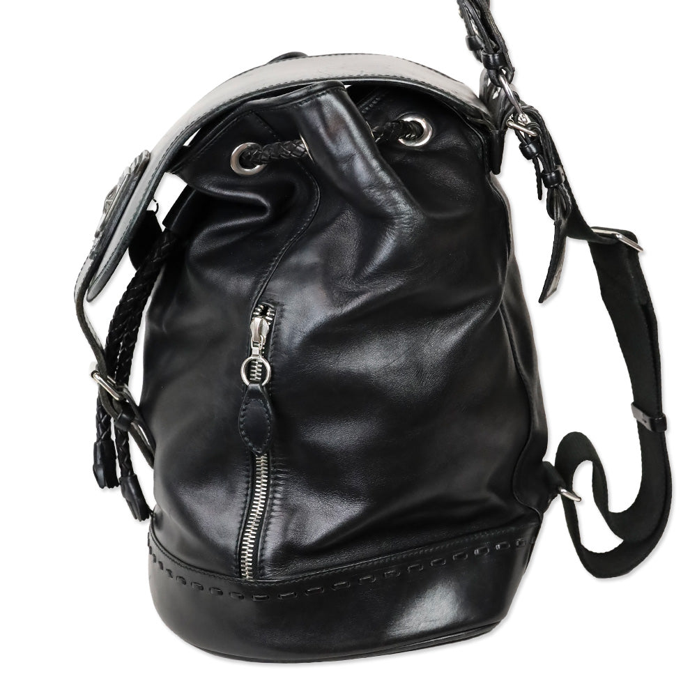 Barry Kieselstein-Cord Black Leather Biker Moon & Star Silver Hardware Drawstring Backpack