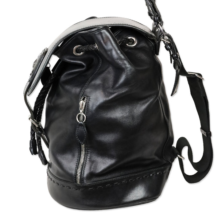 Barry Kieselstein-Cord Black Leather Biker Moon & Star Silver Hardware Drawstring Backpack