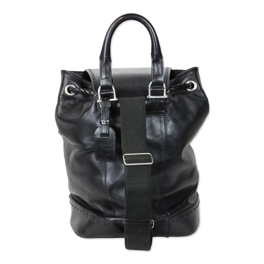 Barry Kieselstein-Cord Black Leather Biker Moon & Star Silver Hardware Drawstring Backpack