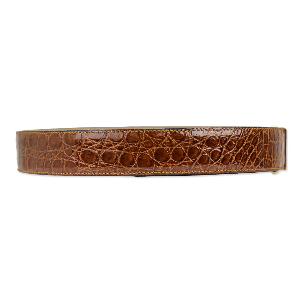 Bijan Brown Croc Leather Gold Logo Buckle Belt