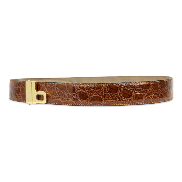 Bijan Brown Croc Leather Gold Logo Buckle Belt