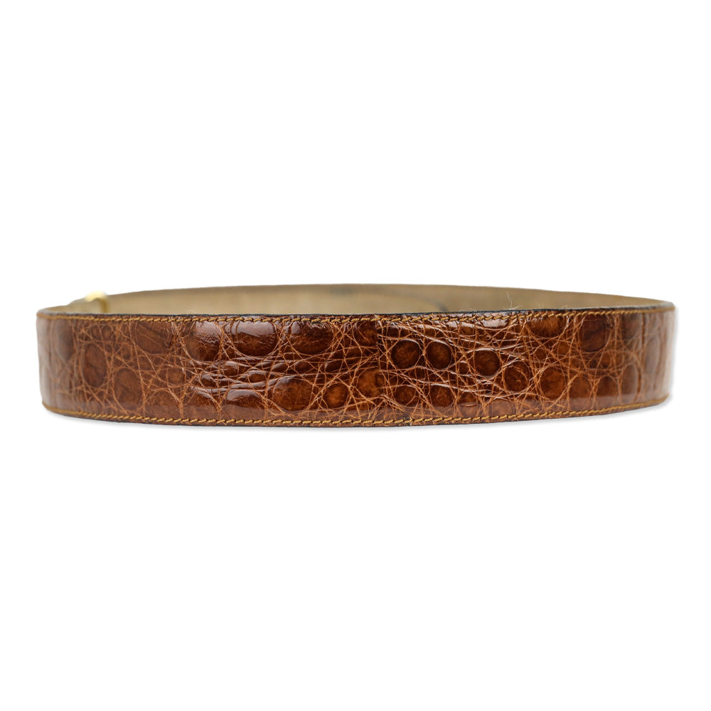 Bijan Brown Croc Leather Gold Logo Buckle Belt