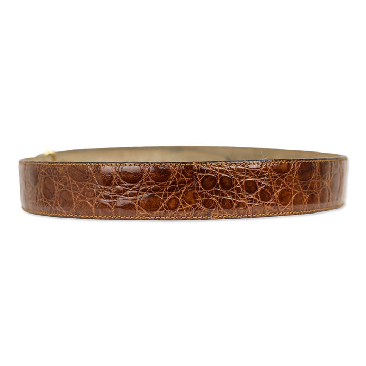Bijan Brown Croc Leather Gold Logo Buckle Belt