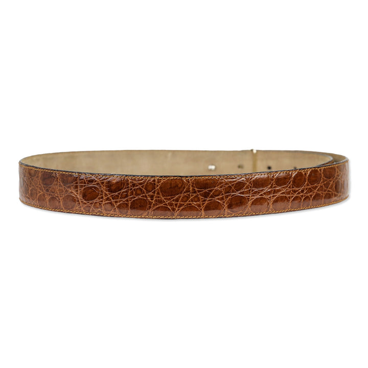 Bijan Brown Croc Leather Gold Logo Buckle Belt