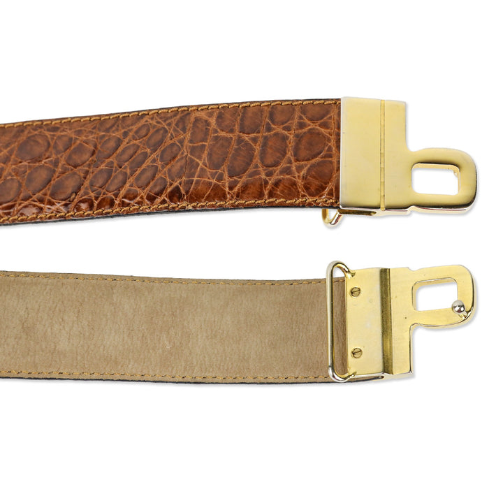 Bijan Brown Croc Leather Gold Logo Buckle Belt