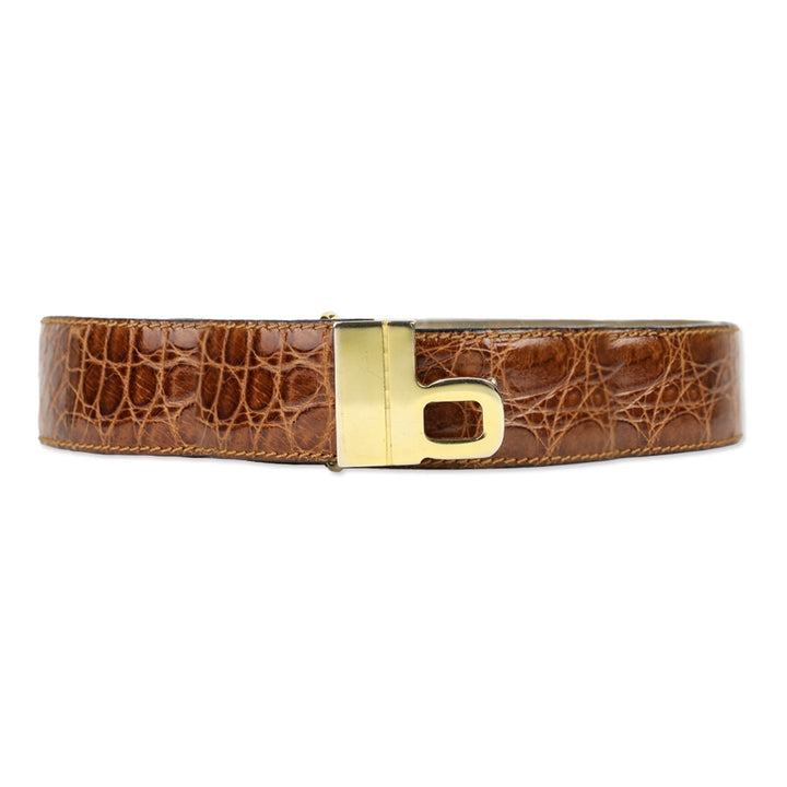 Bijan Brown Croc Leather Gold Logo Buckle Belt