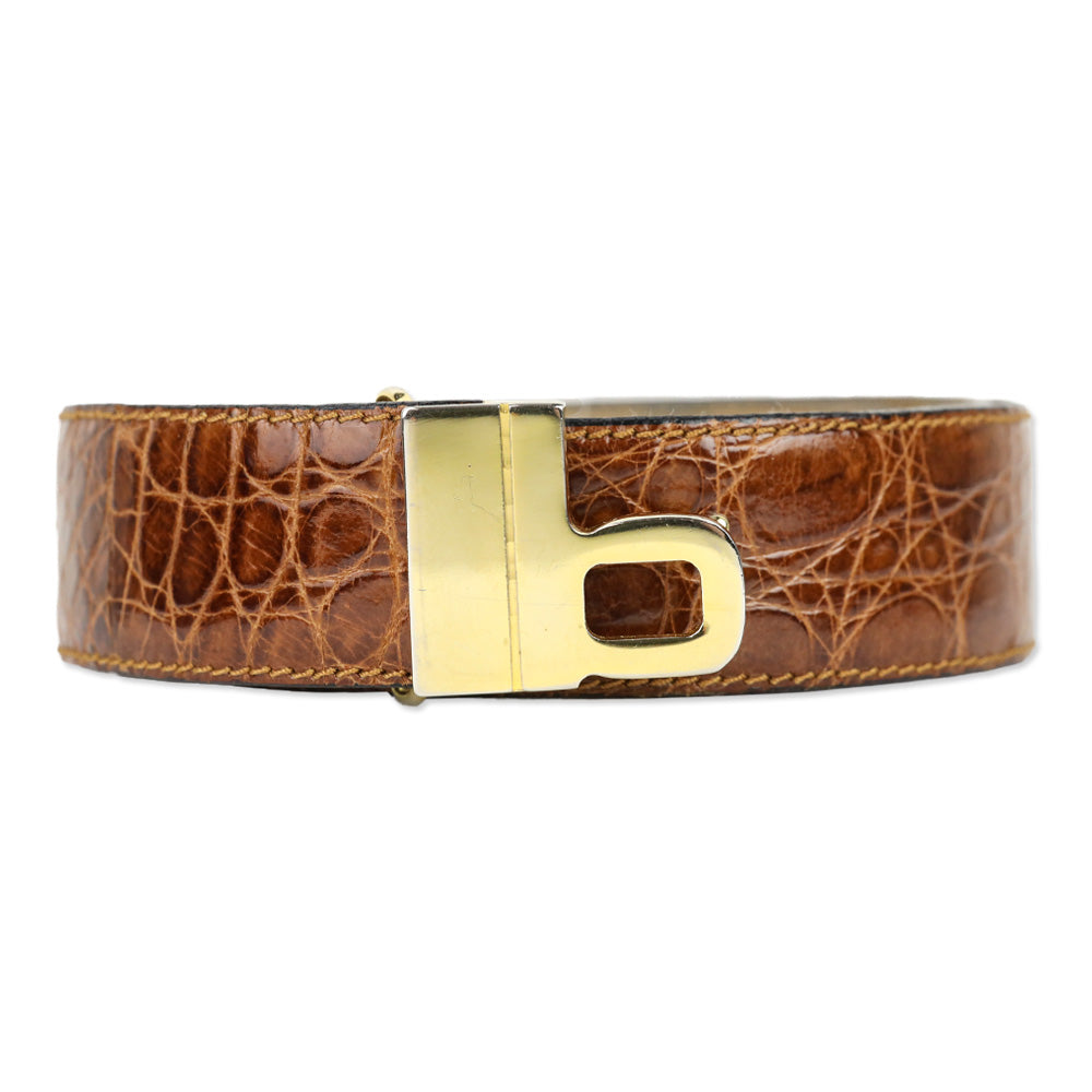 Bijan Brown Croc Leather Gold Logo Buckle Belt