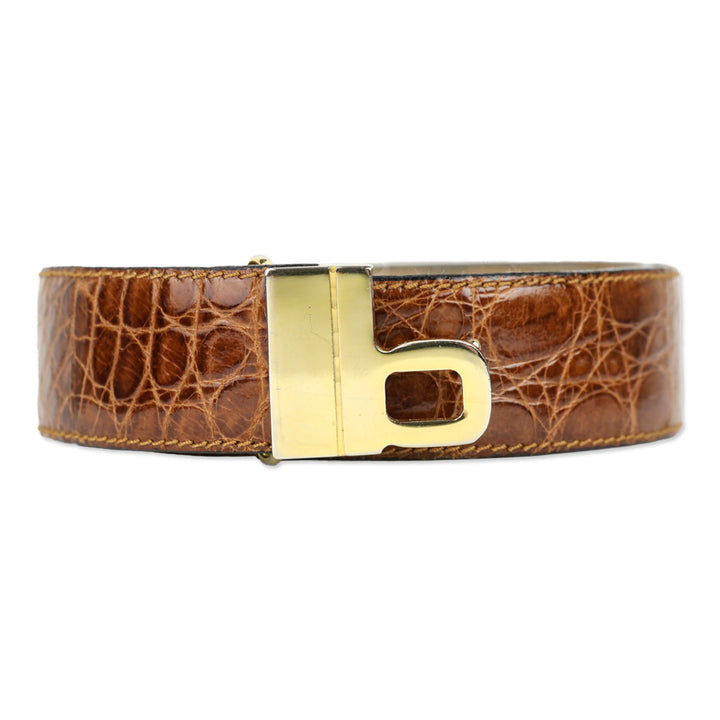 Bijan Brown Croc Leather Gold Logo Buckle Belt