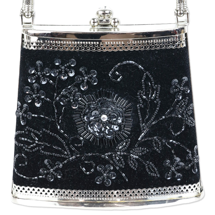 Black Sequin Beaded Velvet Silver Frame Bag