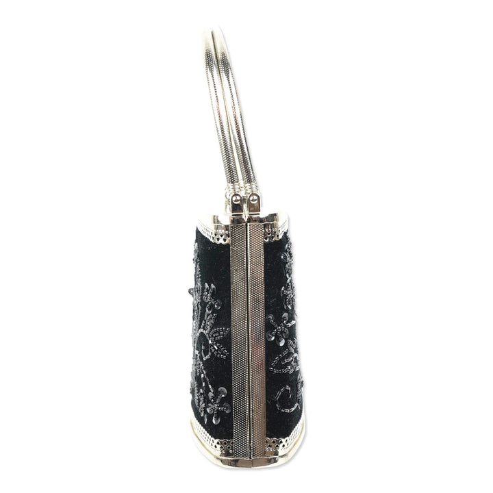 Black Sequin Beaded Velvet Silver Frame Bag