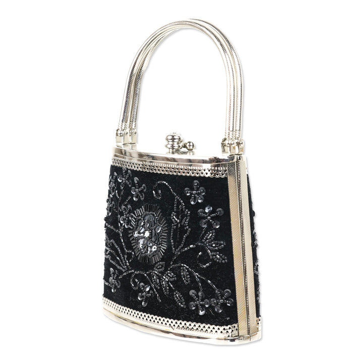 Black Sequin Beaded Velvet Silver Frame Bag
