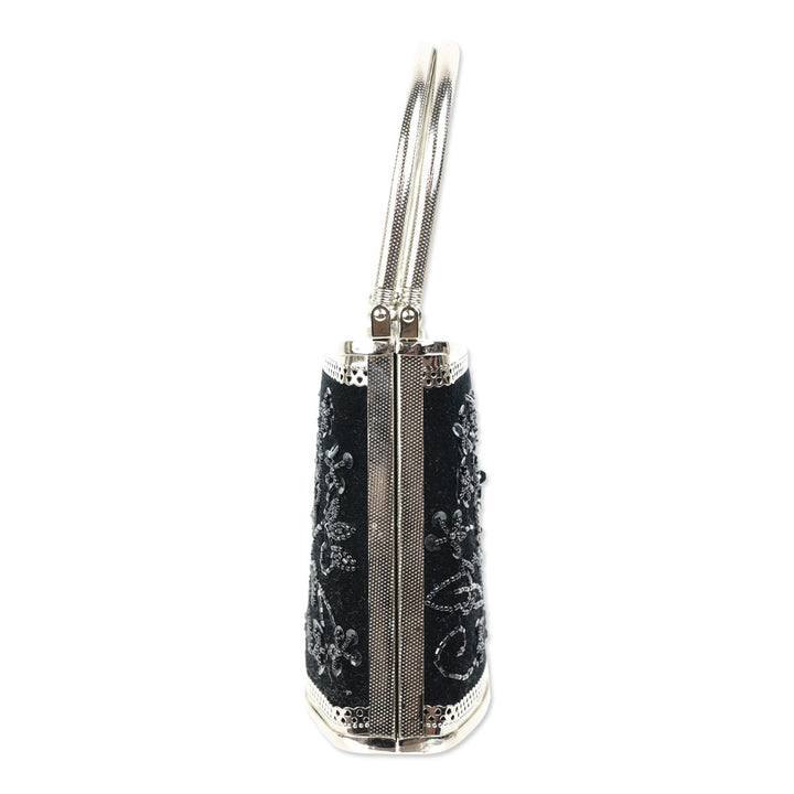 Black Sequin Beaded Velvet Silver Frame Bag