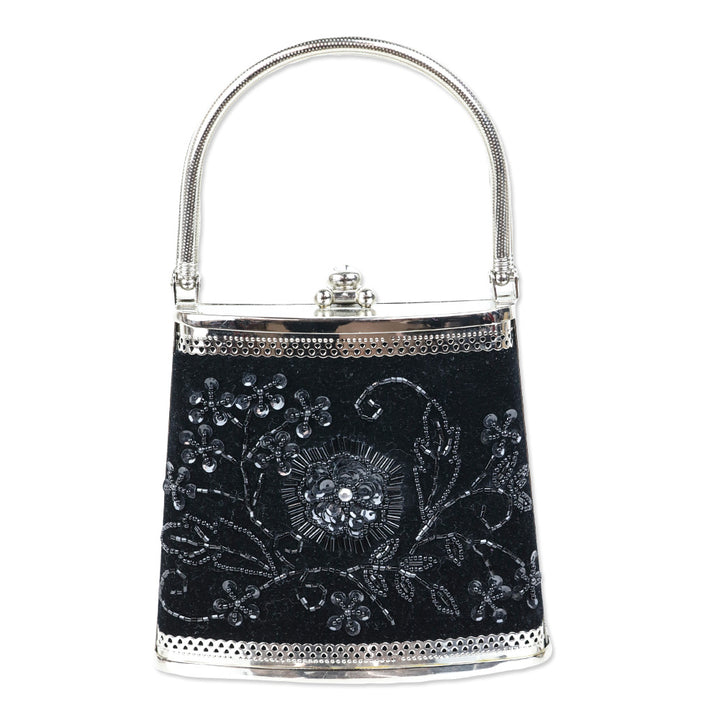 Black Sequin Beaded Velvet Silver Frame Bag