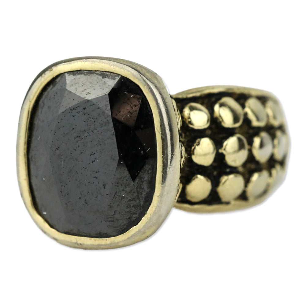 Black Square Faceted Stone Dotted Gold-Tone Ring