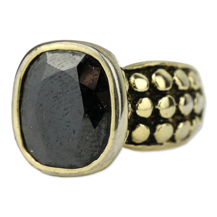 Black Square Faceted Stone Dotted Gold-Tone Ring