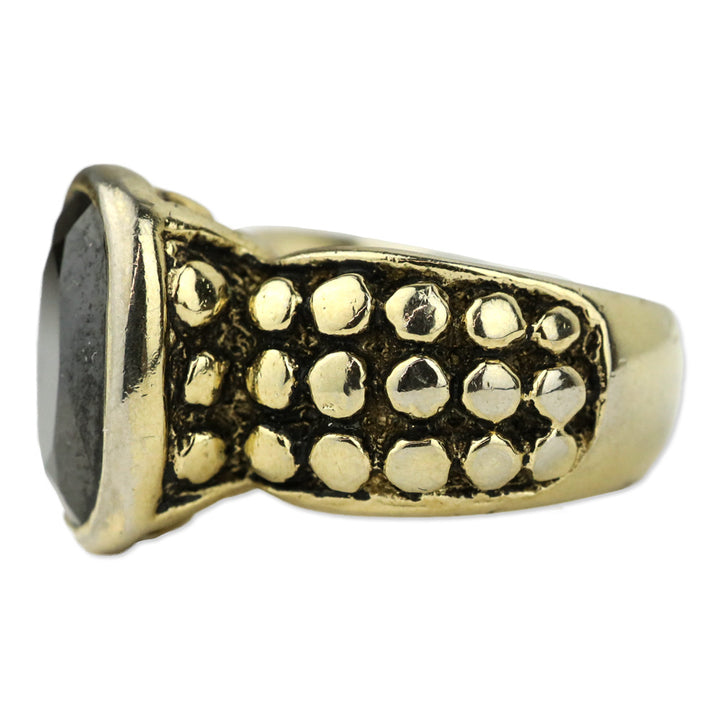 Black Square Faceted Stone Dotted Gold-Tone Ring