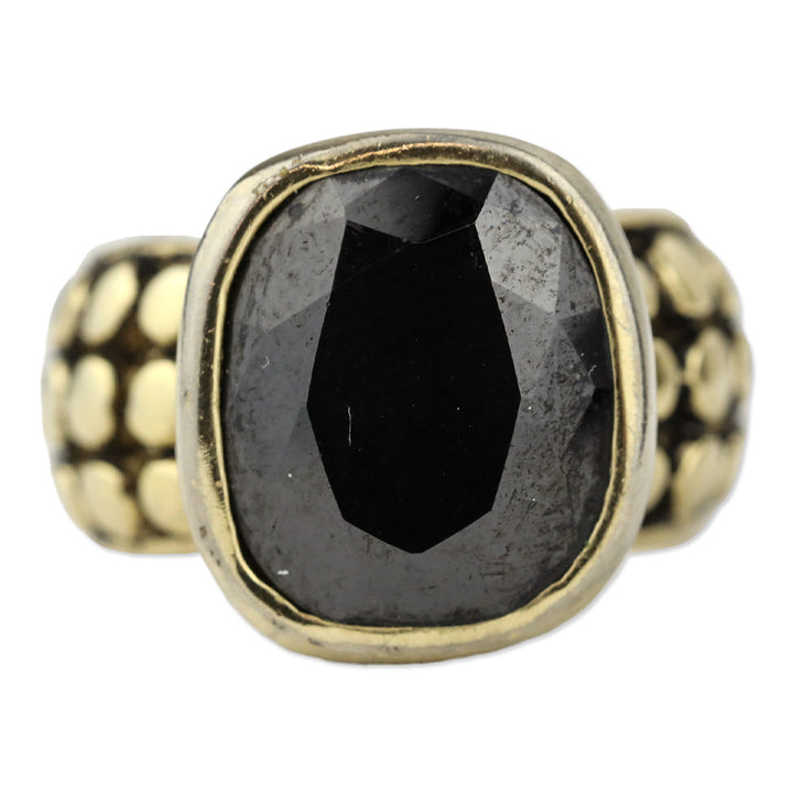 Black Square Faceted Stone Dotted Gold-Tone Ring