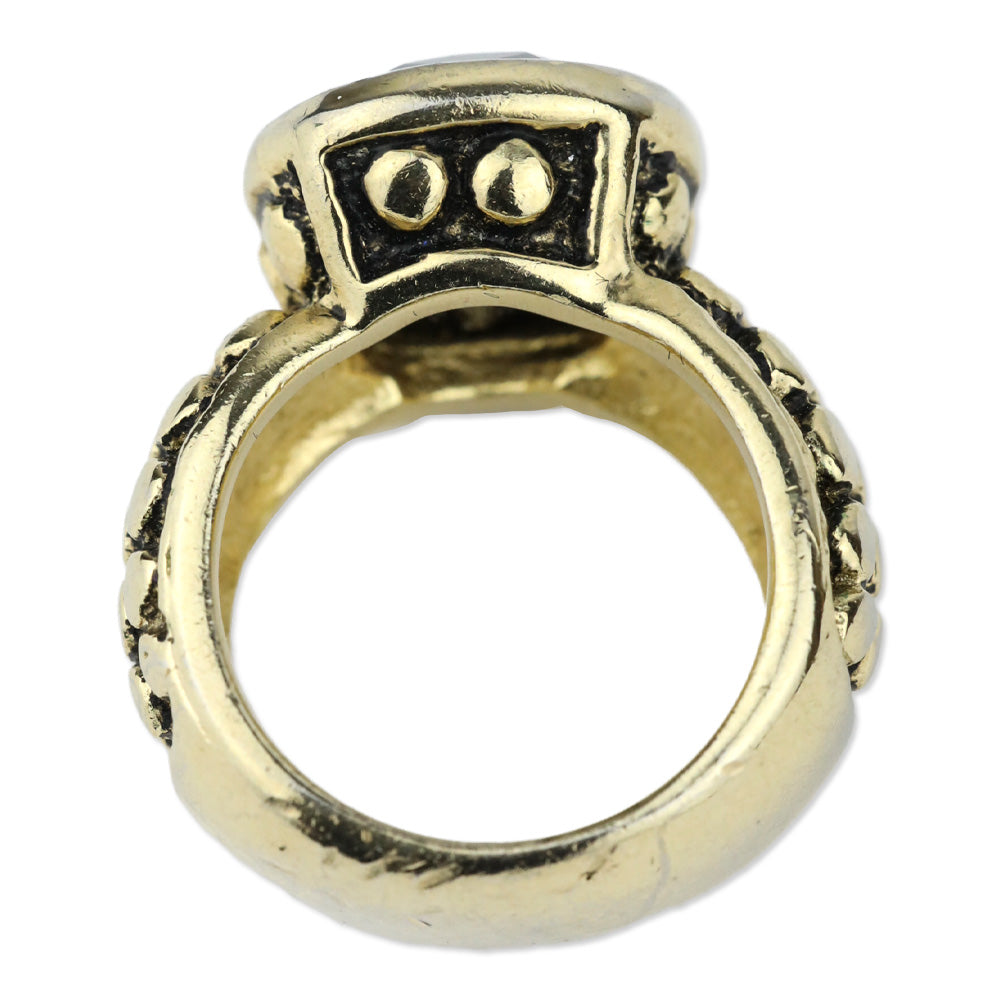 Black Square Faceted Stone Dotted Gold-Tone Ring