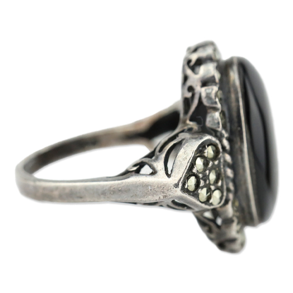 Blackened Brocade Sterling Silver Black Oval Stone Crystal Trim Ring