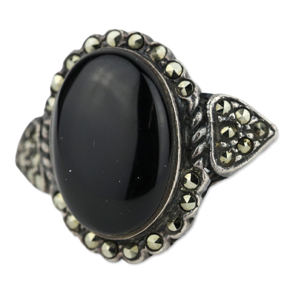 Blackened Brocade Sterling Silver Black Oval Stone Crystal Trim Ring