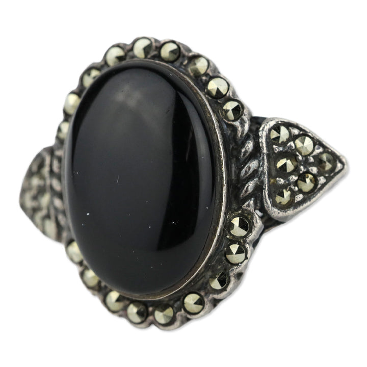 Blackened Brocade Sterling Silver Black Oval Stone Crystal Trim Ring