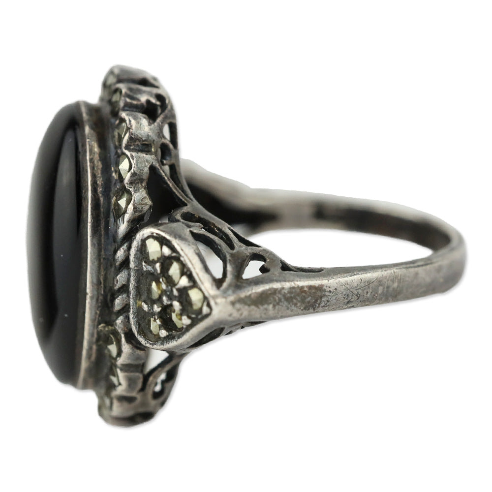 Blackened Brocade Sterling Silver Black Oval Stone Crystal Trim Ring