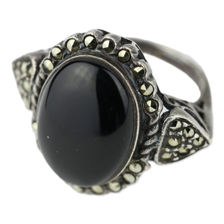 Blackened Brocade Sterling Silver Black Oval Stone Crystal Trim Ring