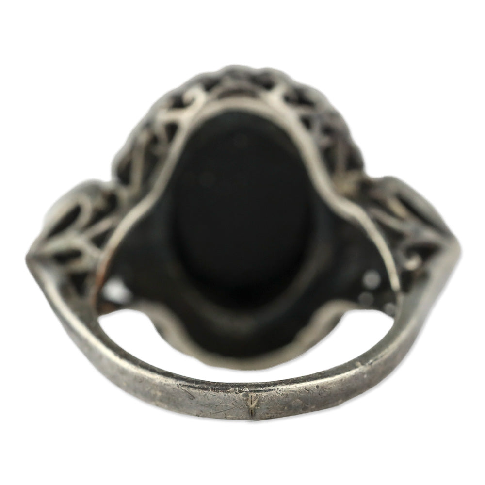 Blackened Brocade Sterling Silver Black Oval Stone Crystal Trim Ring