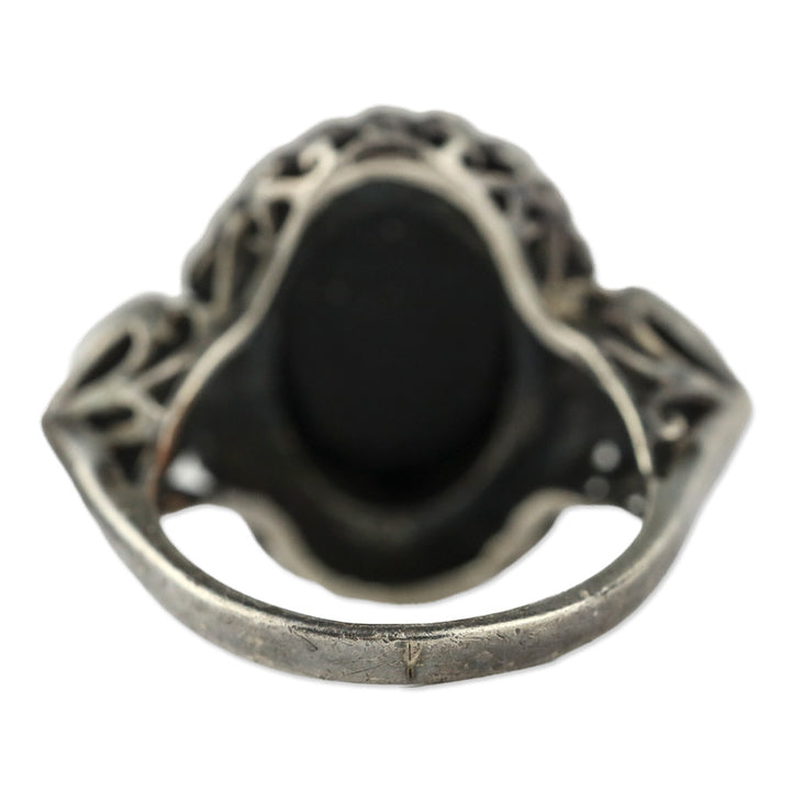Blackened Brocade Sterling Silver Black Oval Stone Crystal Trim Ring