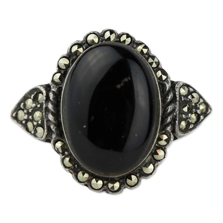 Blackened Brocade Sterling Silver Black Oval Stone Crystal Trim Ring