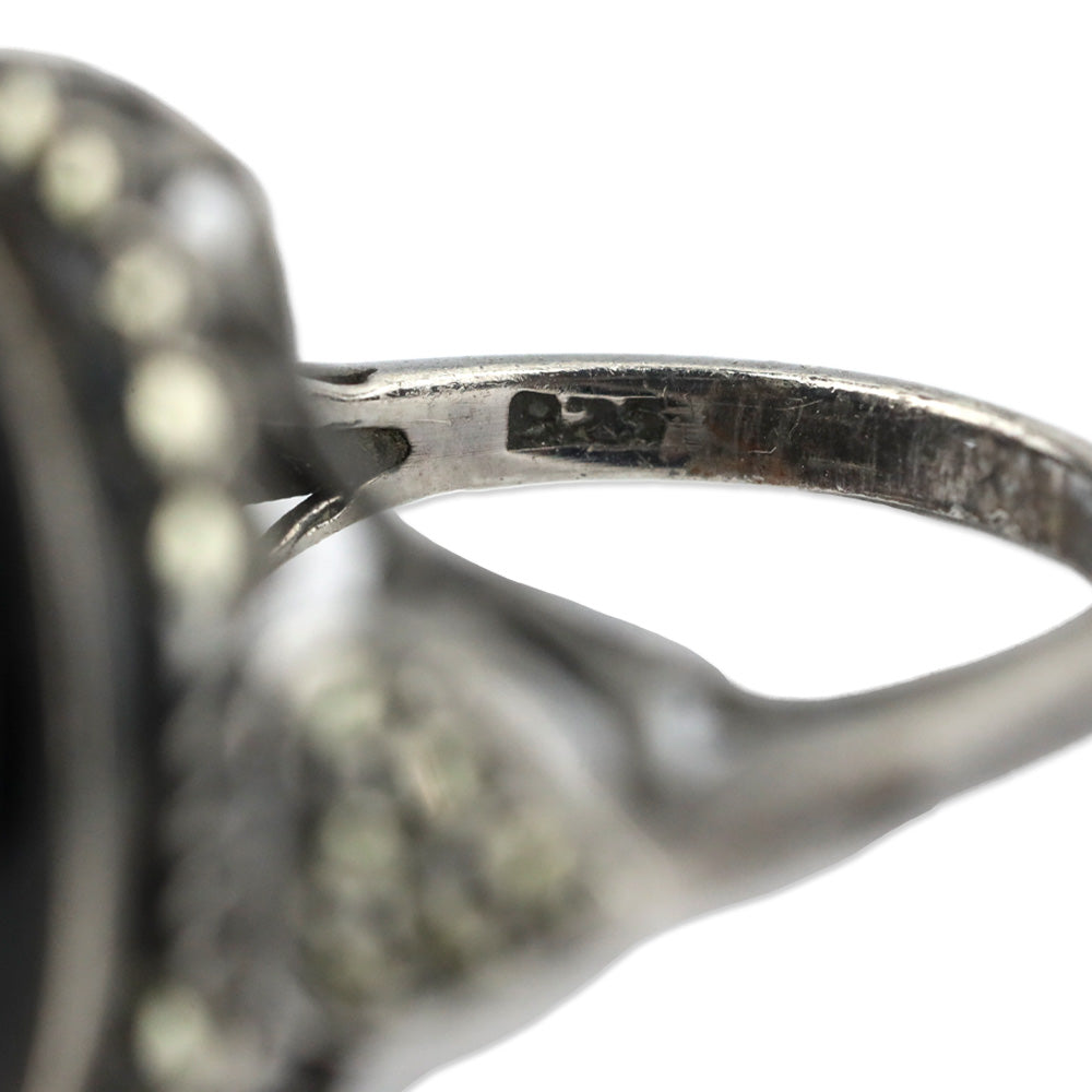 Blackened Brocade Sterling Silver Black Oval Stone Crystal Trim Ring