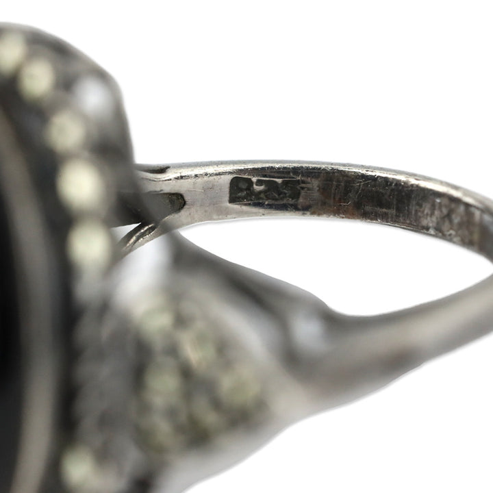 Blackened Brocade Sterling Silver Black Oval Stone Crystal Trim Ring