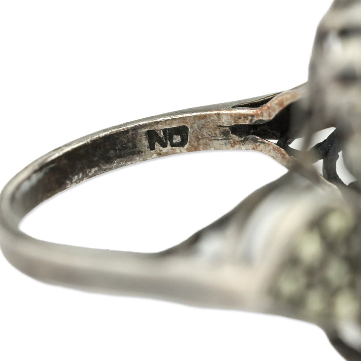 Blackened Brocade Sterling Silver Black Oval Stone Crystal Trim Ring