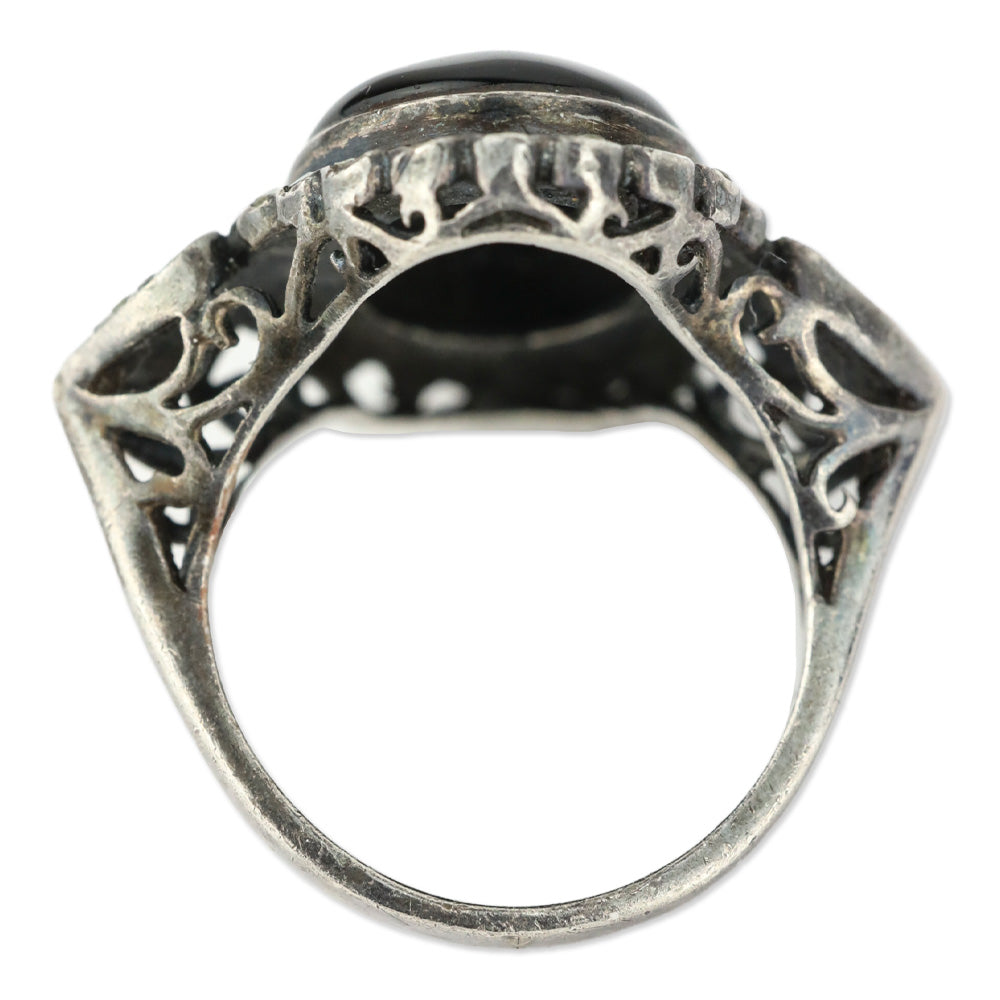 Blackened Brocade Sterling Silver Black Oval Stone Crystal Trim Ring