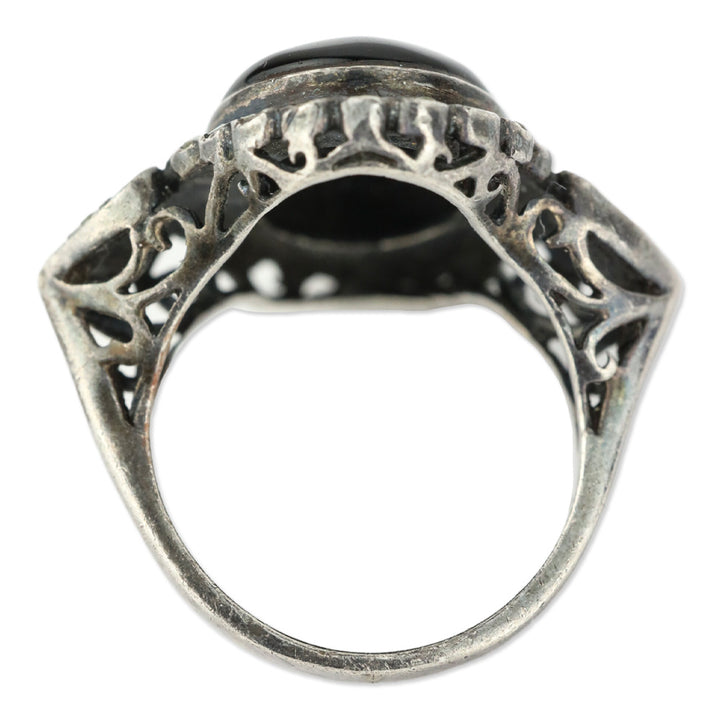 Blackened Brocade Sterling Silver Black Oval Stone Crystal Trim Ring