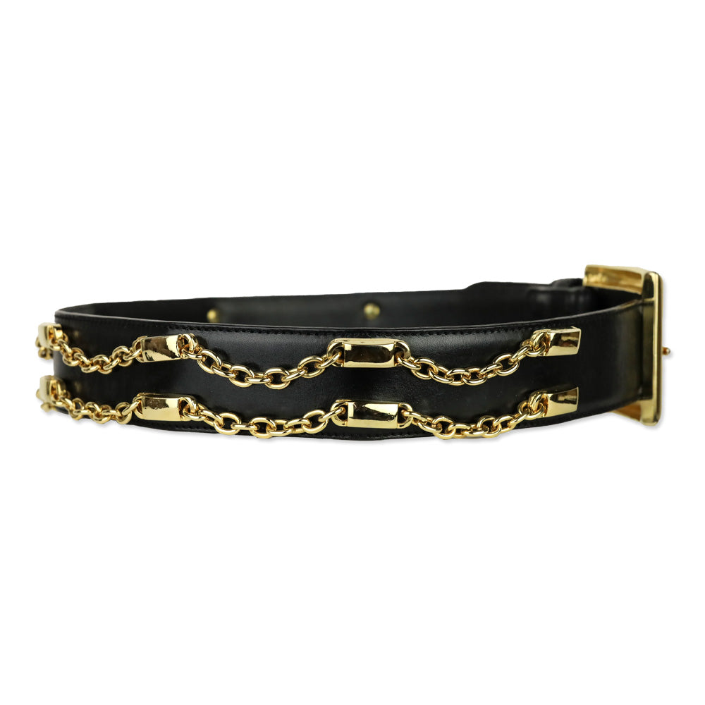 Bloomingdales Black Leather Double Chain Link Belt