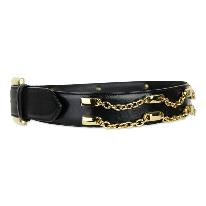 Bloomingdales Black Leather Double Chain Link Belt