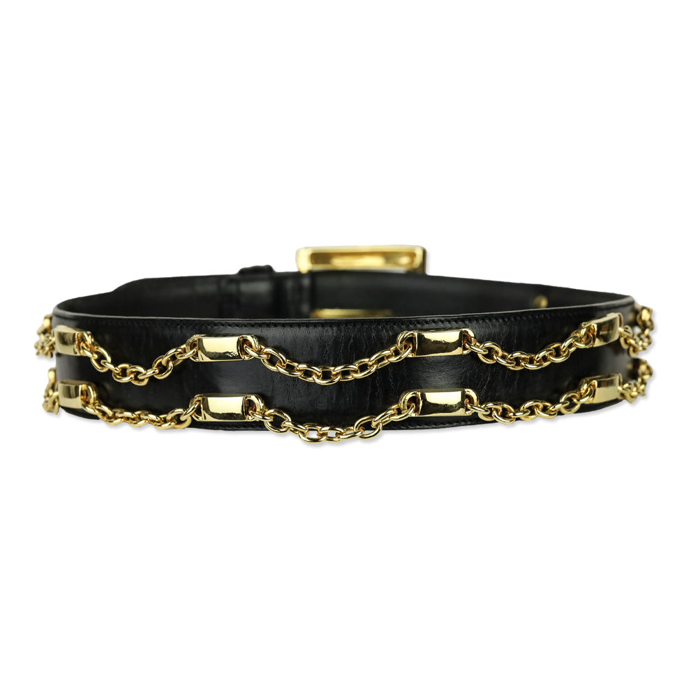 Bloomingdales Black Leather Double Chain Link Belt