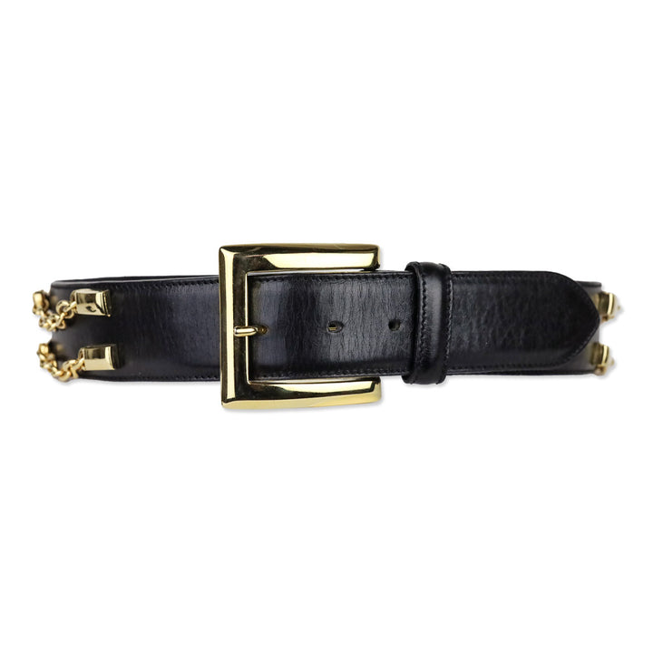 Bloomingdales Black Leather Double Chain Link Belt