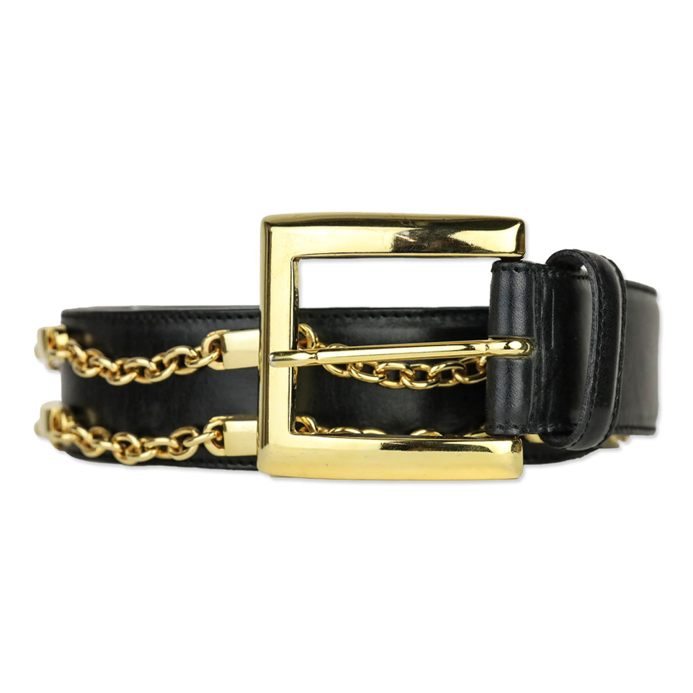 Bloomingdales Black Leather Double Chain Link Belt