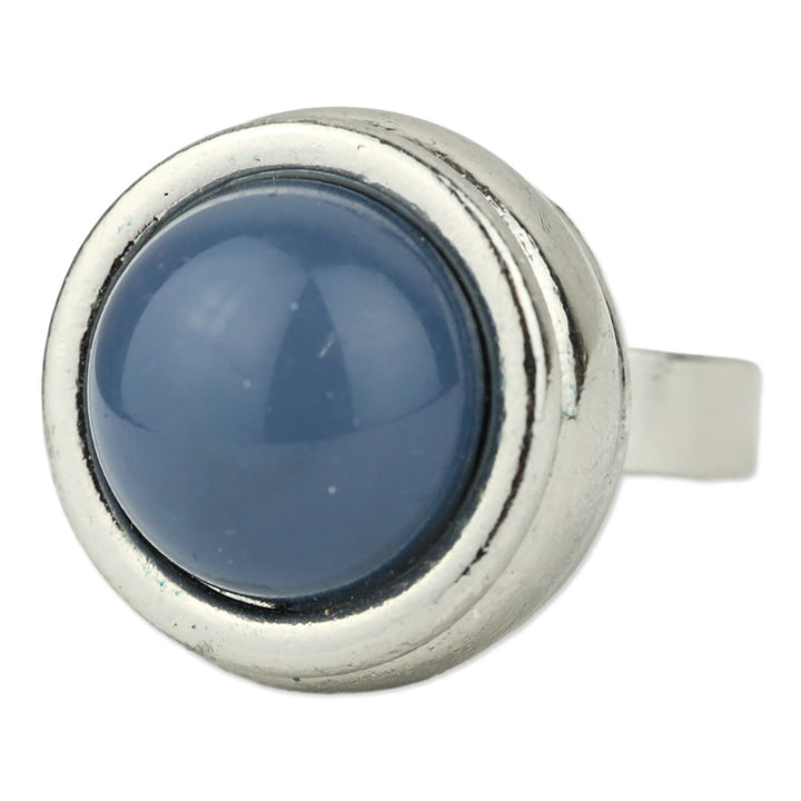 Blue Domed Circle Stone Silver-Tone Ring