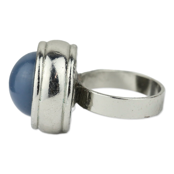 Blue Domed Circle Stone Silver-Tone Ring