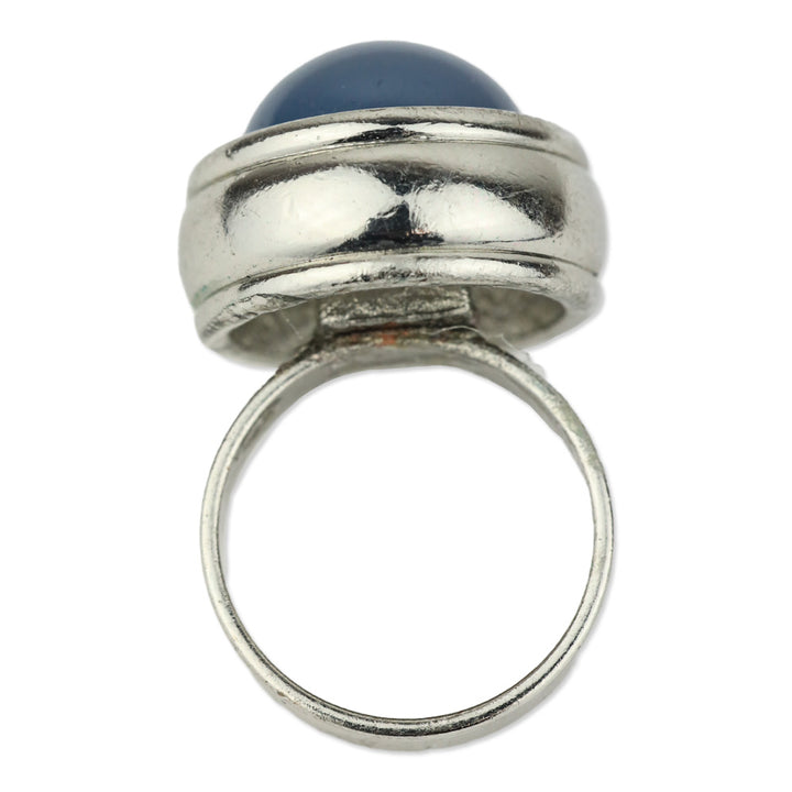 Blue Domed Circle Stone Silver-Tone Ring