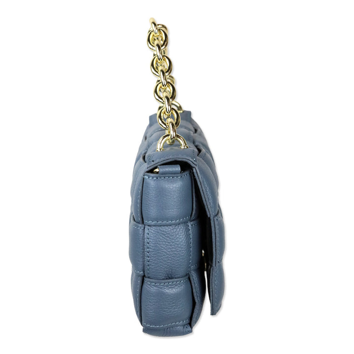 Blue Padded Woven Leather Flap Shoulder Bag