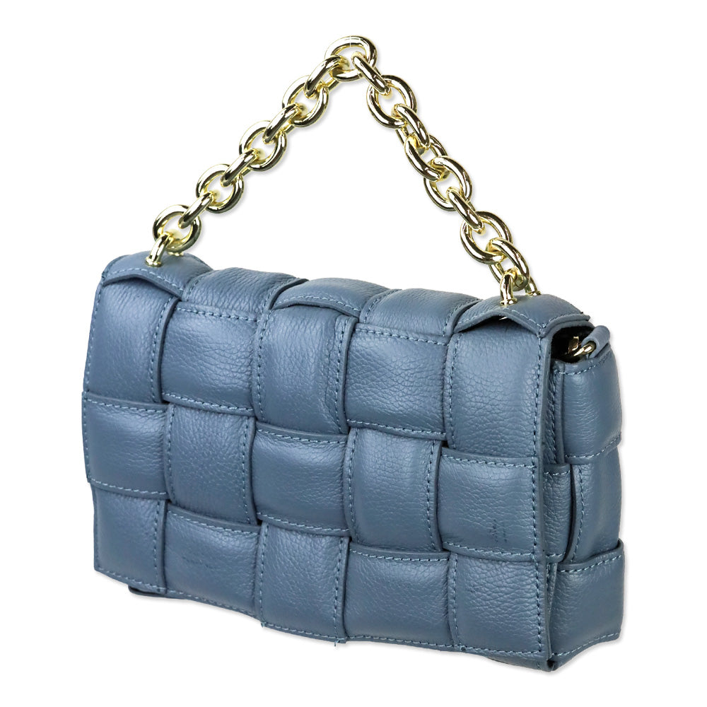 Blue Padded Woven Leather Flap Shoulder Bag