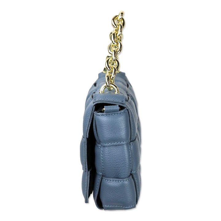 Blue Padded Woven Leather Flap Shoulder Bag